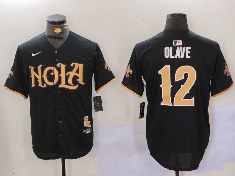 Mens New Orleans Saints #12 Chris Olave Black Cool Base Stitched Baseball Jerseys